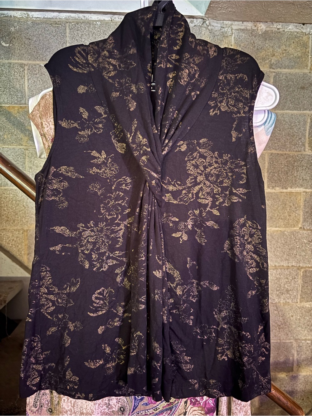 212 Collection Black Tank Top with Gold Floral Motif